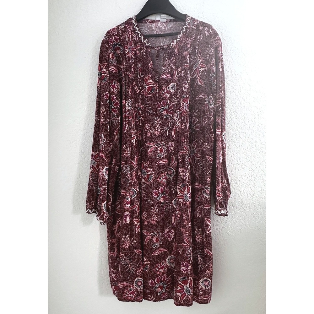 Old‎ Navy Pleated Mini Dress Womens XL Burgundy Floral L/S Boho Prairie Whimsy